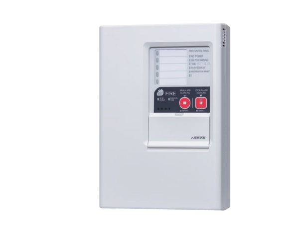 Trung tâm báo cháy 5 kênh NOHMI FAPN202-R-5L  - On receiving a fire signal from a fire detector or a manual alarm box, the FAPN202-R-5L conventional fire alarm panel produces visual alarms to alert the alarm panel operator. It also produces alarms to alert the occupants of the building premises. The FAPN202-R-5L conventional fire alarm panel indicates the alarm points on individual zone lamps.  Features  - Conventional type 5 fire zones (No programming required).  - Alarm verification type (Alarm verification time: 60 seconds).  - Various test functions: Fire indication test, alarm verification time test, auxiliary power supply test, automatic after-test resetting.  - Self diagnosis system.  - Misoperation inhibit function.  - Back-up power supply (Ni-Cd battery, 24VDC).  - Large fire alarm symbol for easy visual recognition.  - Durable LED indicators.  - Removable front cover for easy installation and maintenance.  - Built-in surge arrester for power lines.  Đặc tính kỹ thuật  Model 	FAPN202-R-5L Type	Conventional type Power supply	220VAC 50/60Hz Auxiliary power supply	Ni-Cd battery (24VDC, 0.45Ah) Circuit voltage	5, 24, 48 VDC, 24VDC  Alarm Verification time	Thermal detector: 10 sec, Smoke detector: 60sec Power consumption	Monitoring: 25VA max. approx Alarm: 40VA max, approx Maximum number of devices supported	Spot type smoke detectors: 30/zone (max.150/panel) Alarm bells: 15 (24VDC, 10mA/bell) Location lamps: 5 (30V, 2W/lamp)  15(24V, 24mA/LED), 21 (24V, 15mA/LED) Ambient temperature and humidity	0 to 40°C, 20 to 85% (RH) Alarm input circuit loop resistance	Less than 50Ω/Loop End-of-Line resistor	10kΩ, 1/2W Materials (enclosure)	ABS resin with 94UL-V2 flammability rating Color	Off-white (Nohmi White): Approximating Munsell N8.7 or equivalent Weight	Approx. 3kg